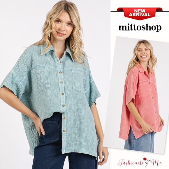 Mittoshop Mineral Wash Gauze Oversized Pockets Short Sleeves Shirt | Seafoam - Picture 1 of 5